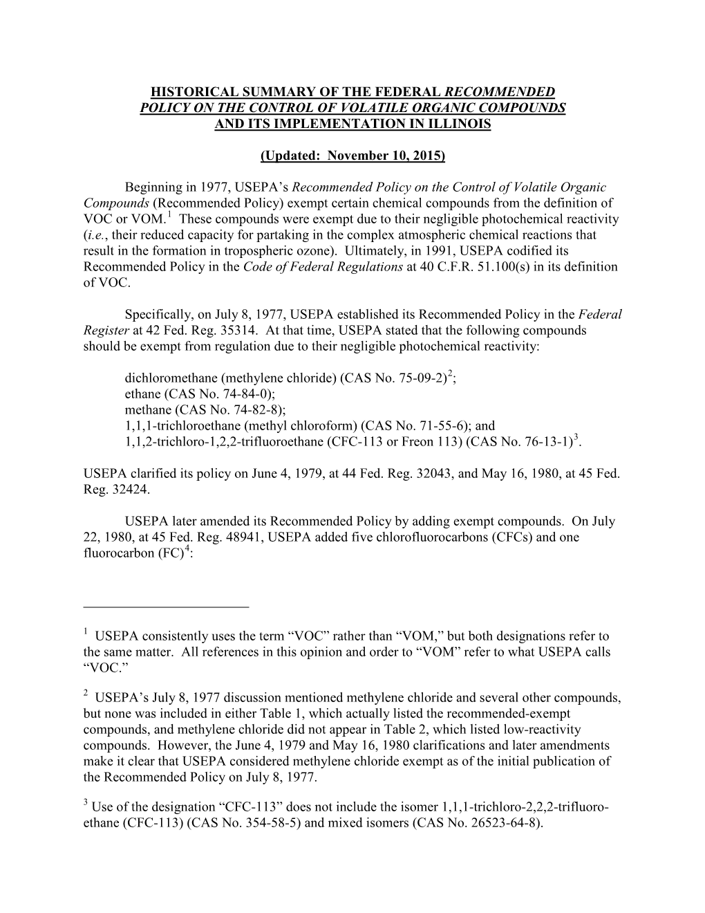 Historical Summary of the Federal Recommended Policy on the Control of Volatile Organic Compounds and Its Implementation in Illinois