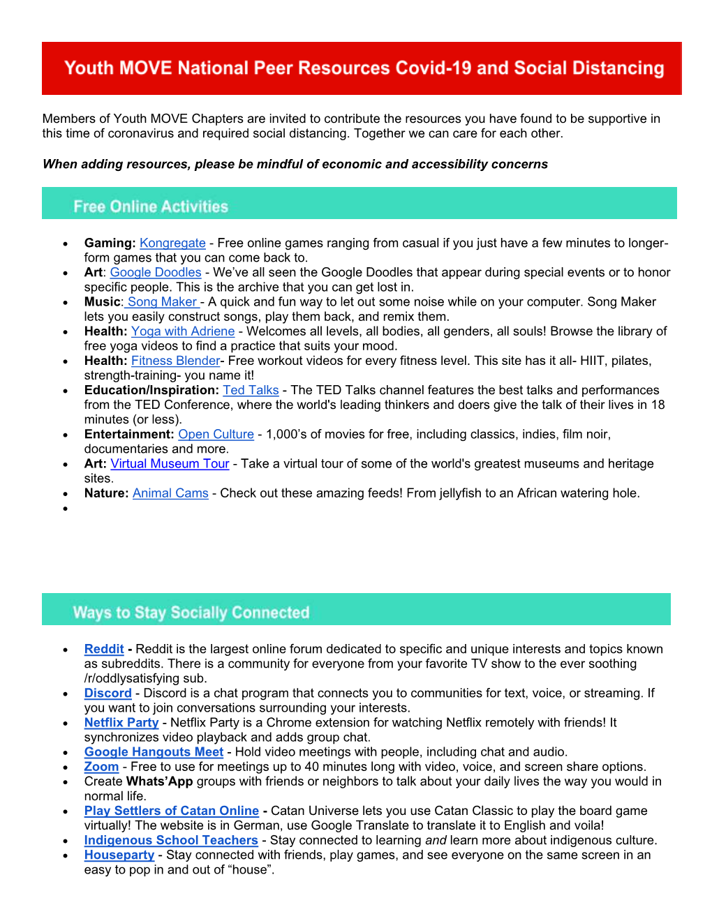 Members of Youth MOVE Chapters Are Invited to Contribute the Resources You Have Found to Be Supportive in This Time of Coronavirus and Required Social Distancing