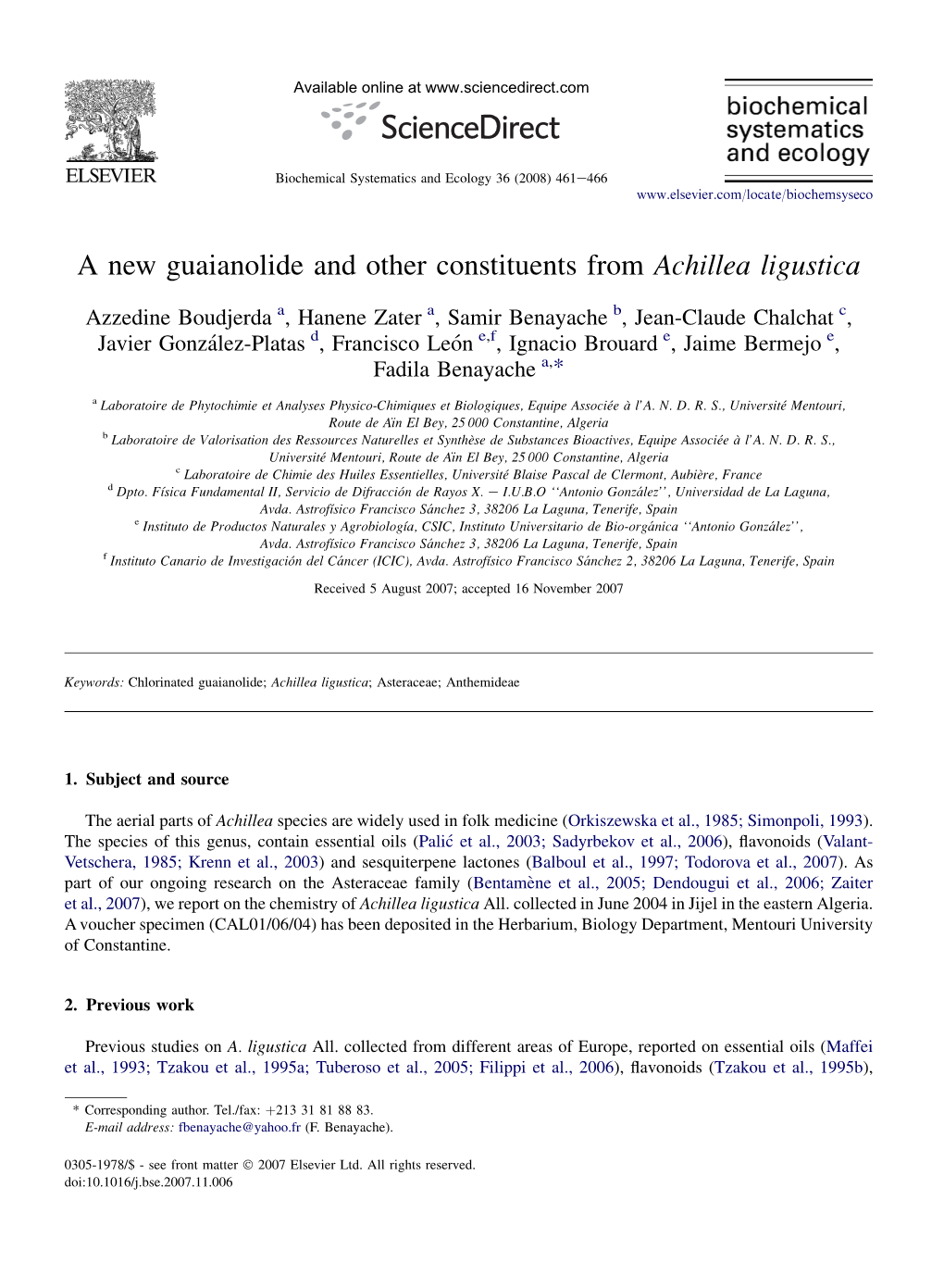 A New Guaianolide and Other Constituents from Achillea Ligustica