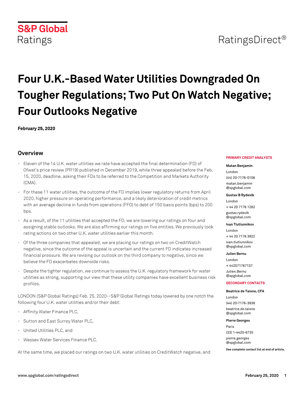 Four UK-Based Water Utilities Downgraded on Tougher Regulations