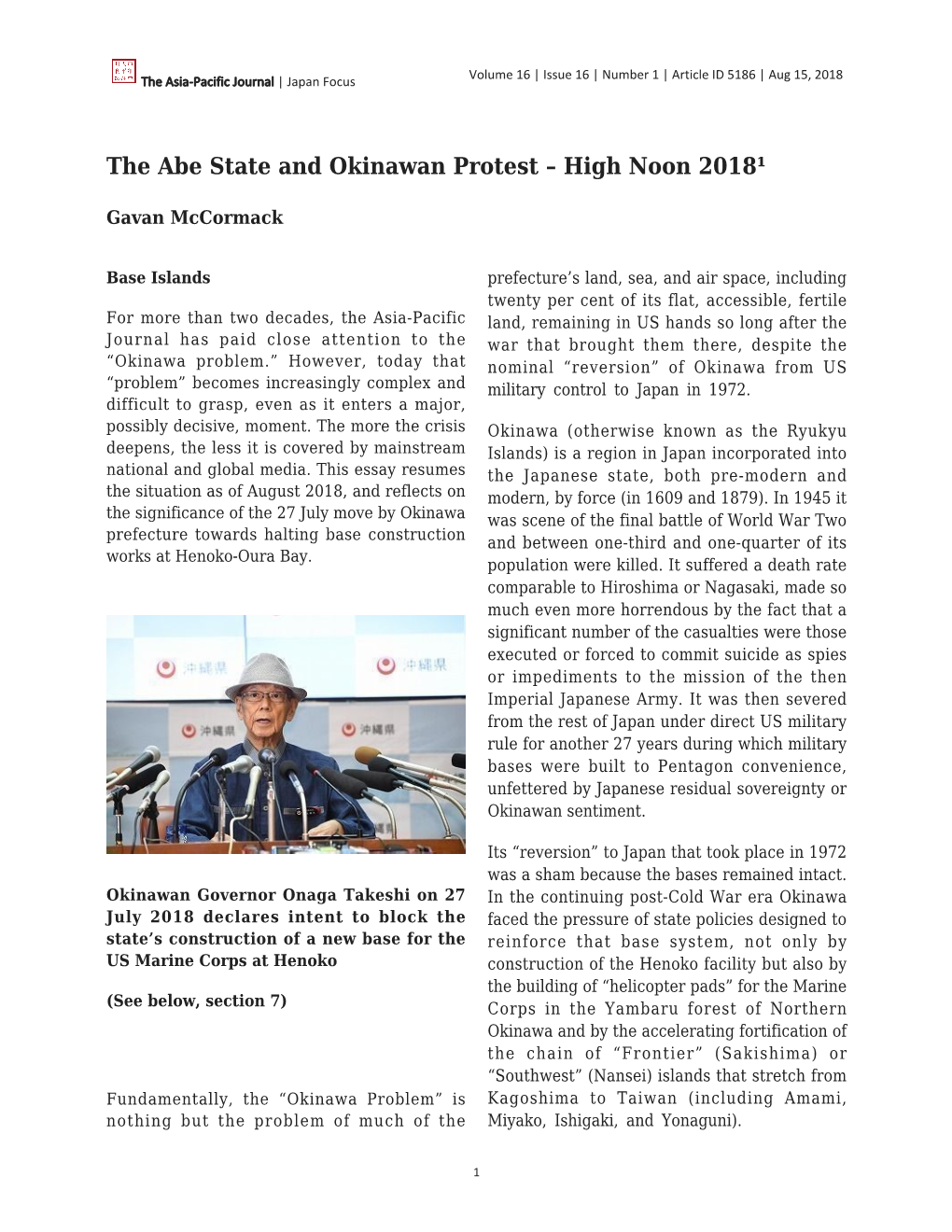 The Abe State and Okinawan Protest – High Noon 2018¹
