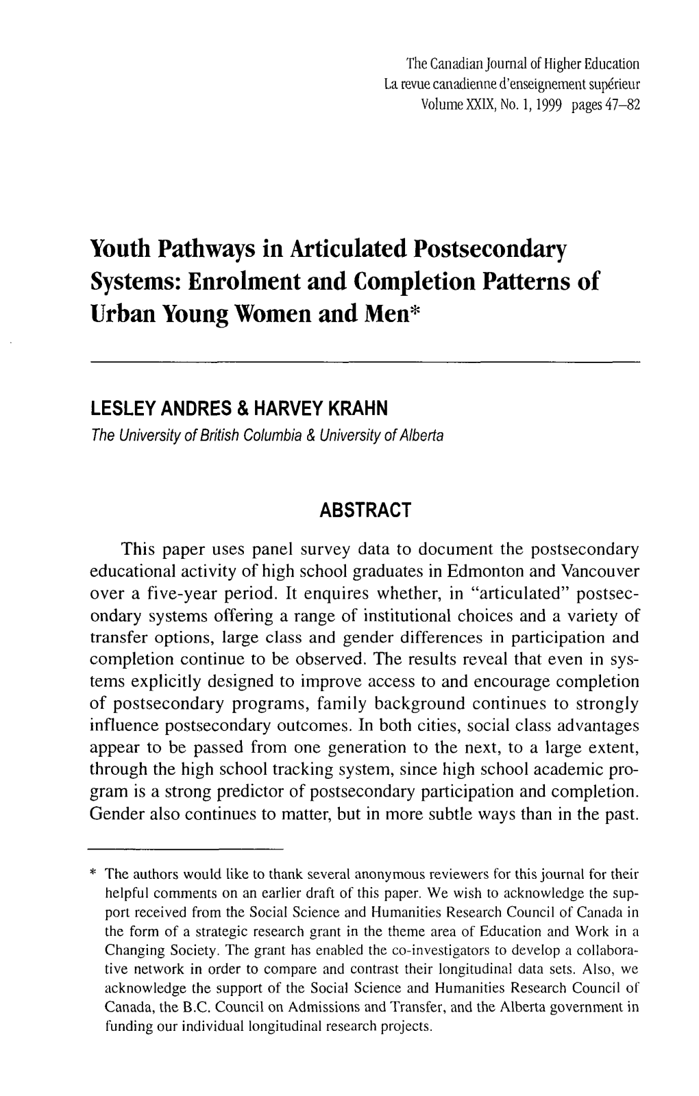 Youth Pathways in Articulated Postsecondary Systems: Enrolment and Completion Patterns of Urban Young Women and Men*