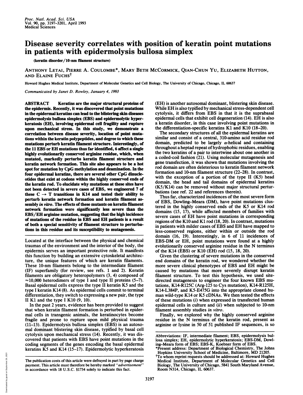 Disease Severity Correlates with Position of Keratin Point Mutations In