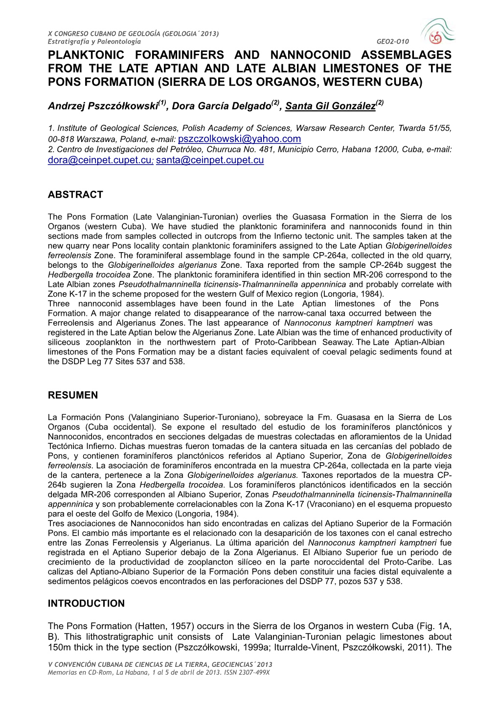 Planktonic Foraminifers and Nannoconid Assemblages from the Late Aptian and Late Albian Limestones of the Pons Formation (Sierra De Los Organos, Western Cuba)