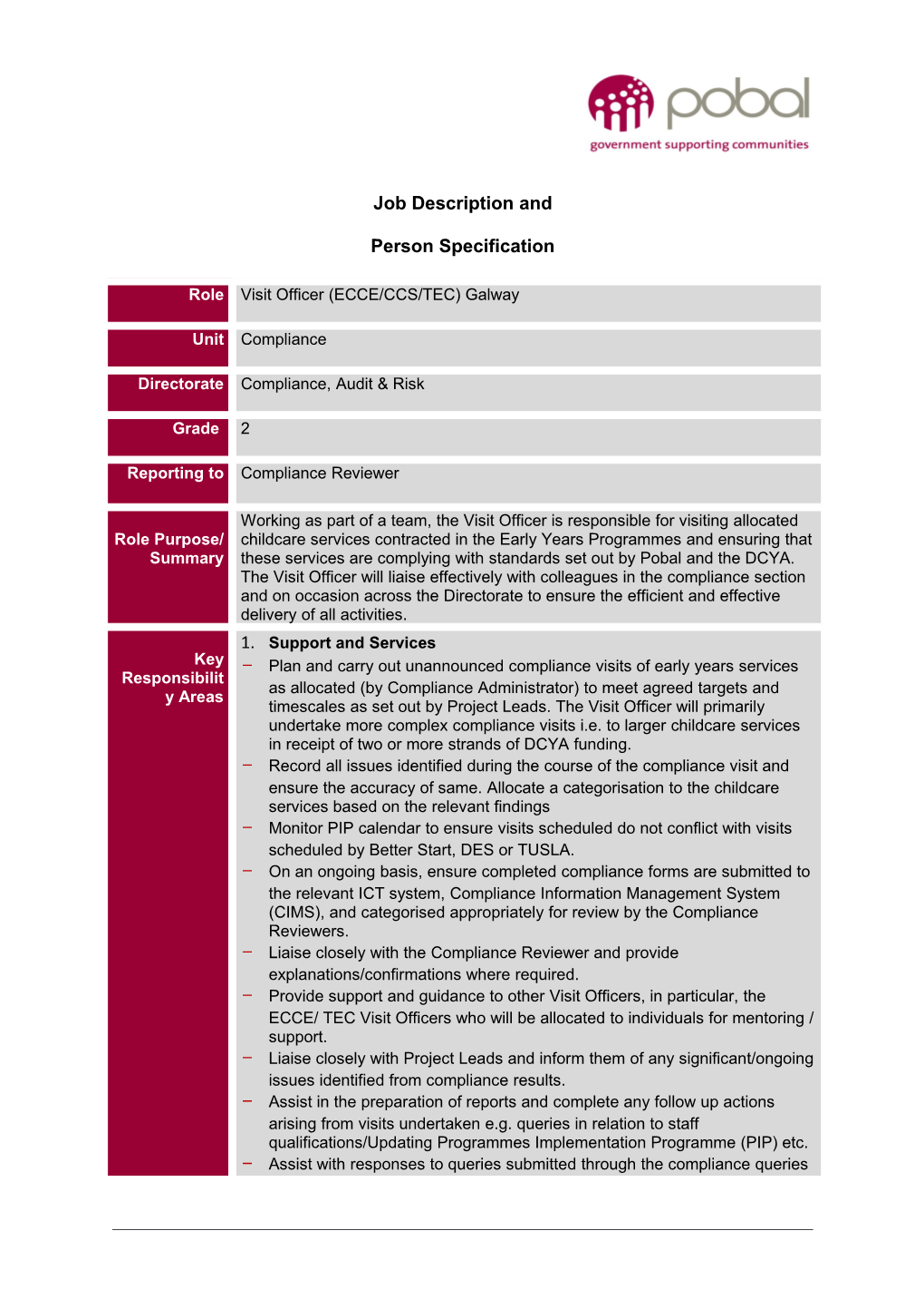 Galway Job Spec Visit Officer (ECCE CCS TEC) (G2) Nov 2015