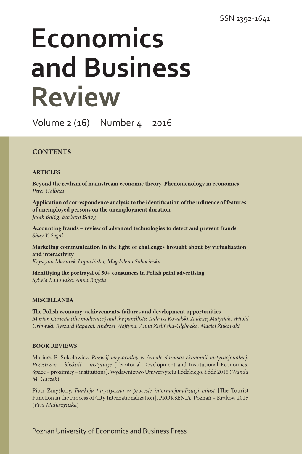 Economics and Business Review Volume 2 (16) Number 4 2016 Economics and Business Review Subscription CONTENTS