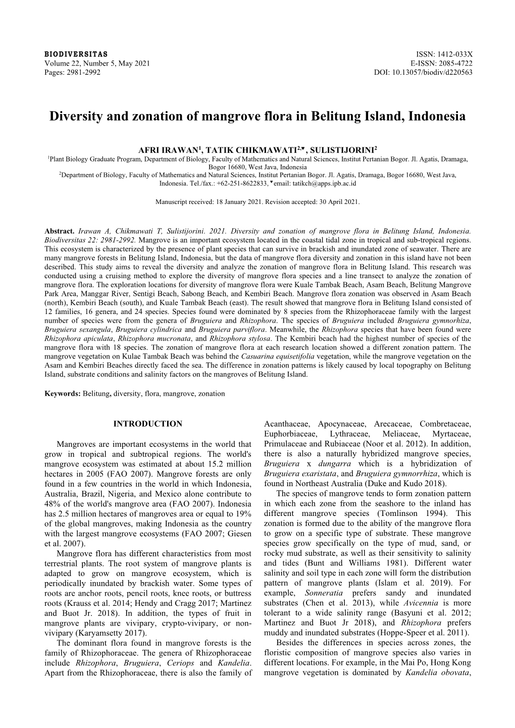 Diversity and Zonation of Mangrove Flora in Belitung Island, Indonesia