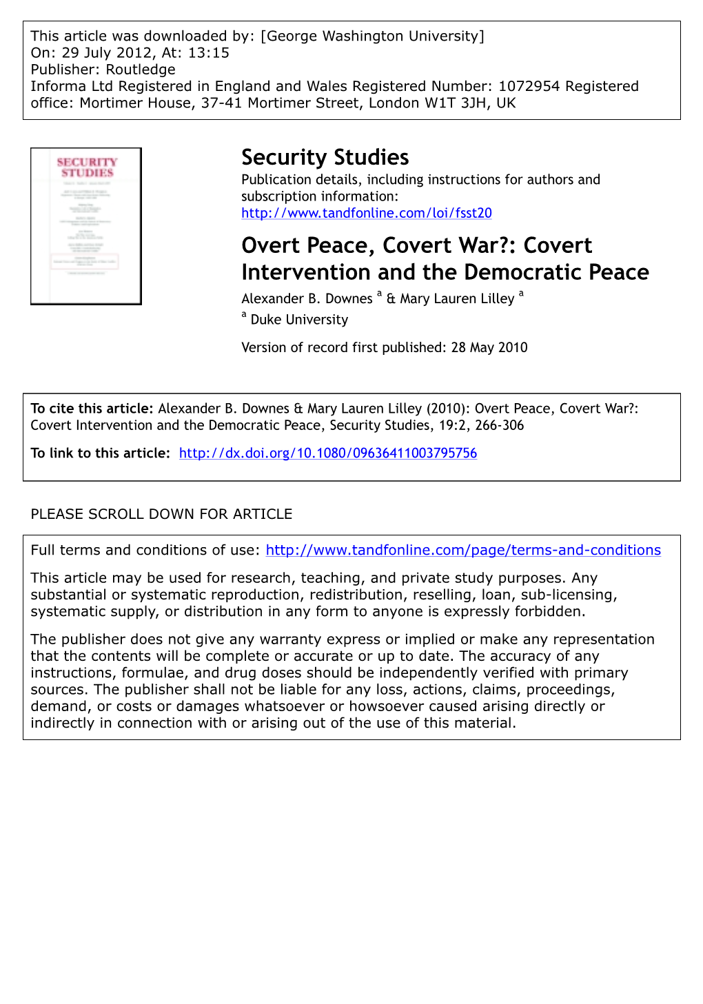 Overt Peace, Covert War?: Covert Intervention and the Democratic Peace Alexander B