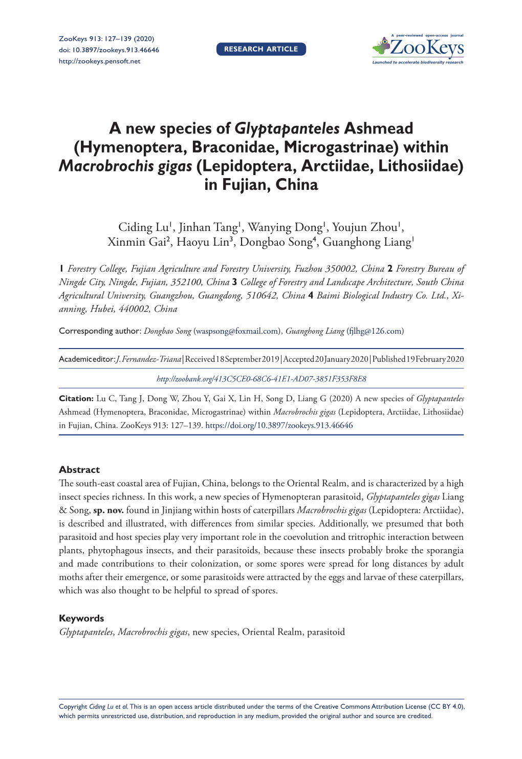 Hymenoptera, Braconidae, Microgastrinae) Within Macrobrochis Gigas (Lepidoptera, Arctiidae, Lithosiidae) in Fujian, China