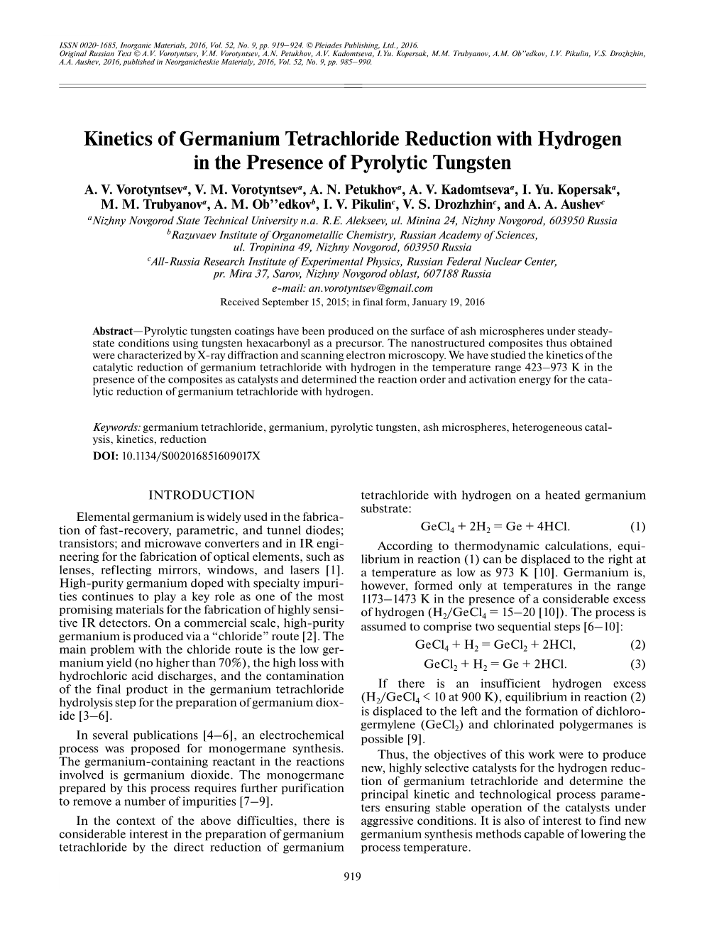 Kinetics of Germanium Tetrachloride Reduction with Hydrogen in the Presence of Pyrolytic Tungsten A