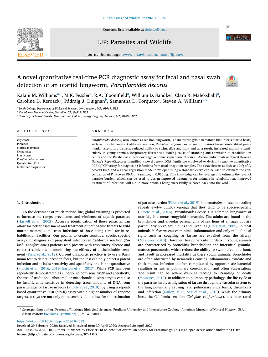 A Novel Quantitative Real-Time PCR Diagnostic Assay for Fecal and Nasal Swab Detection of an Otariid Lungworm, Parafilaroides De