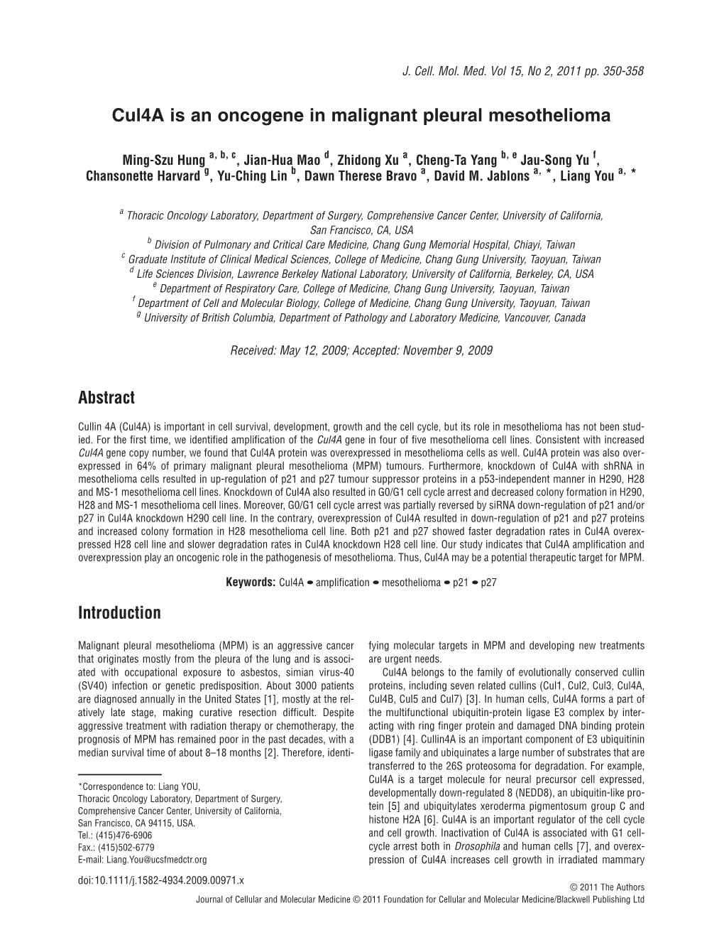 Cul4a Is an Oncogene in Malignant Pleural Mesothelioma