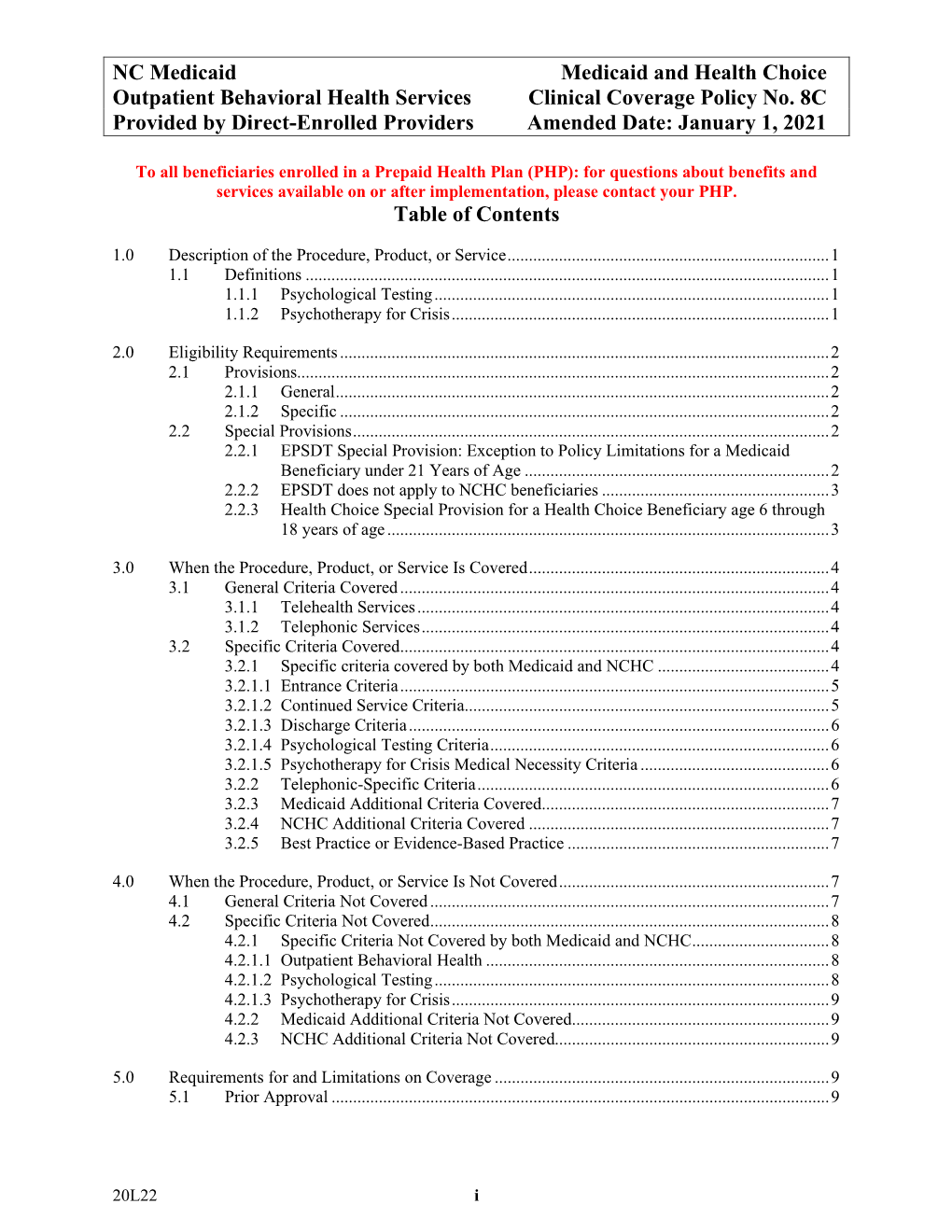 NC Medicaid: Outpatient Behavioral Health Services