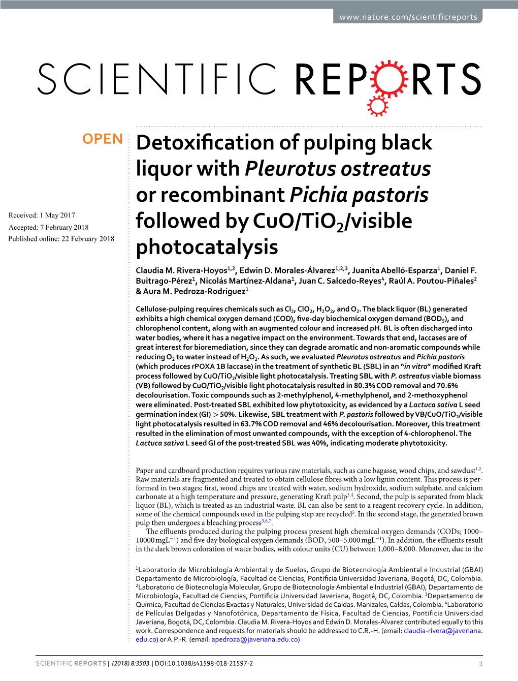 Detoxification of Pulping Black Liquor with Pleurotus Ostreatus Or