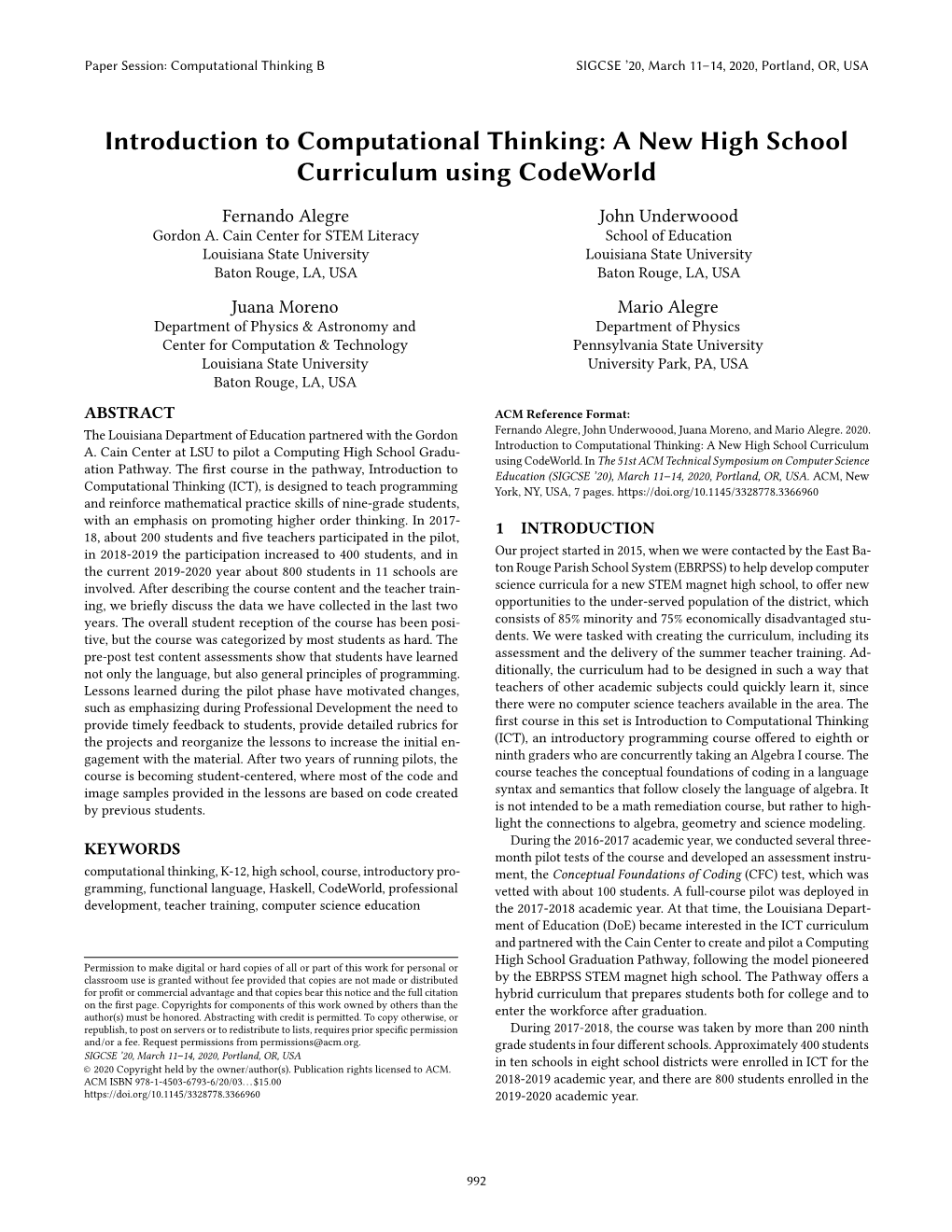 A New High School Curriculum Using Codeworld Fernando Alegre John Underwoood Gordon A