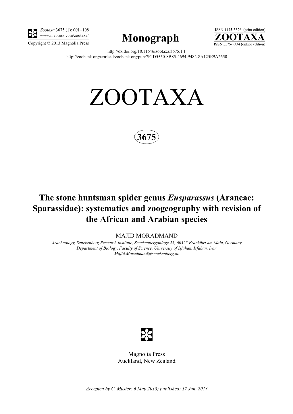 The Stone Huntsman Spider Genus Eusparassus (Araneae: Sparassidae): Systematics and Zoogeography with Revision of the African and Arabian Species