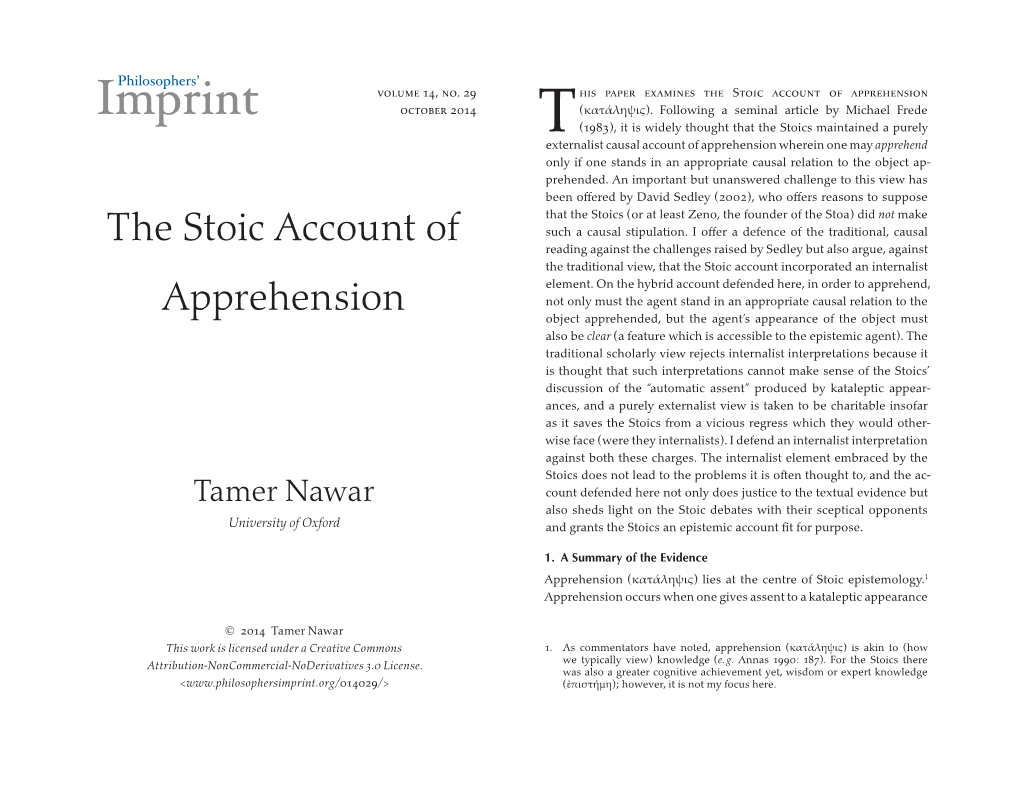 The Stoic Account of Apprehension October 2014 (Κατάληψις)