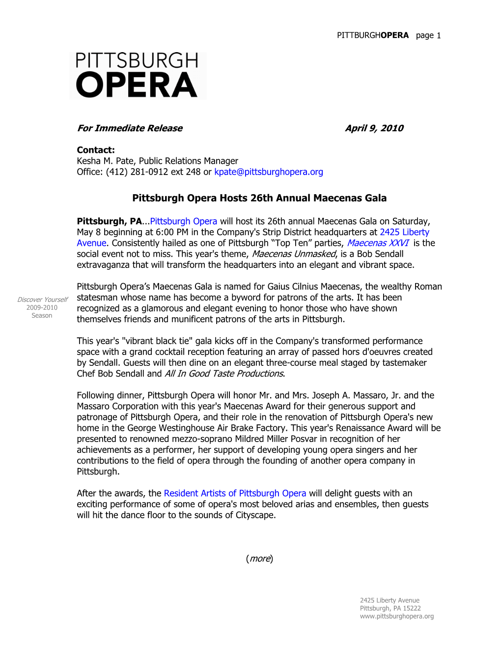 For Immediate Release April 9, 2010