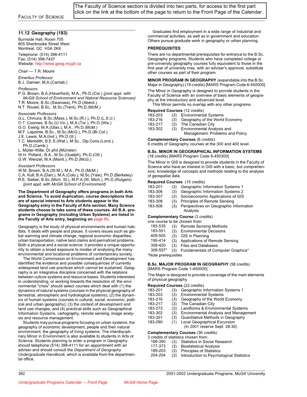 Part Two, Faculty of Science Section, 2001-2002 Undergraduate Programs Calendar, Mcgill University