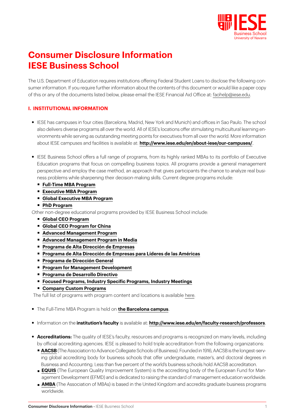 Consumer Disclosure Information IESE Business School