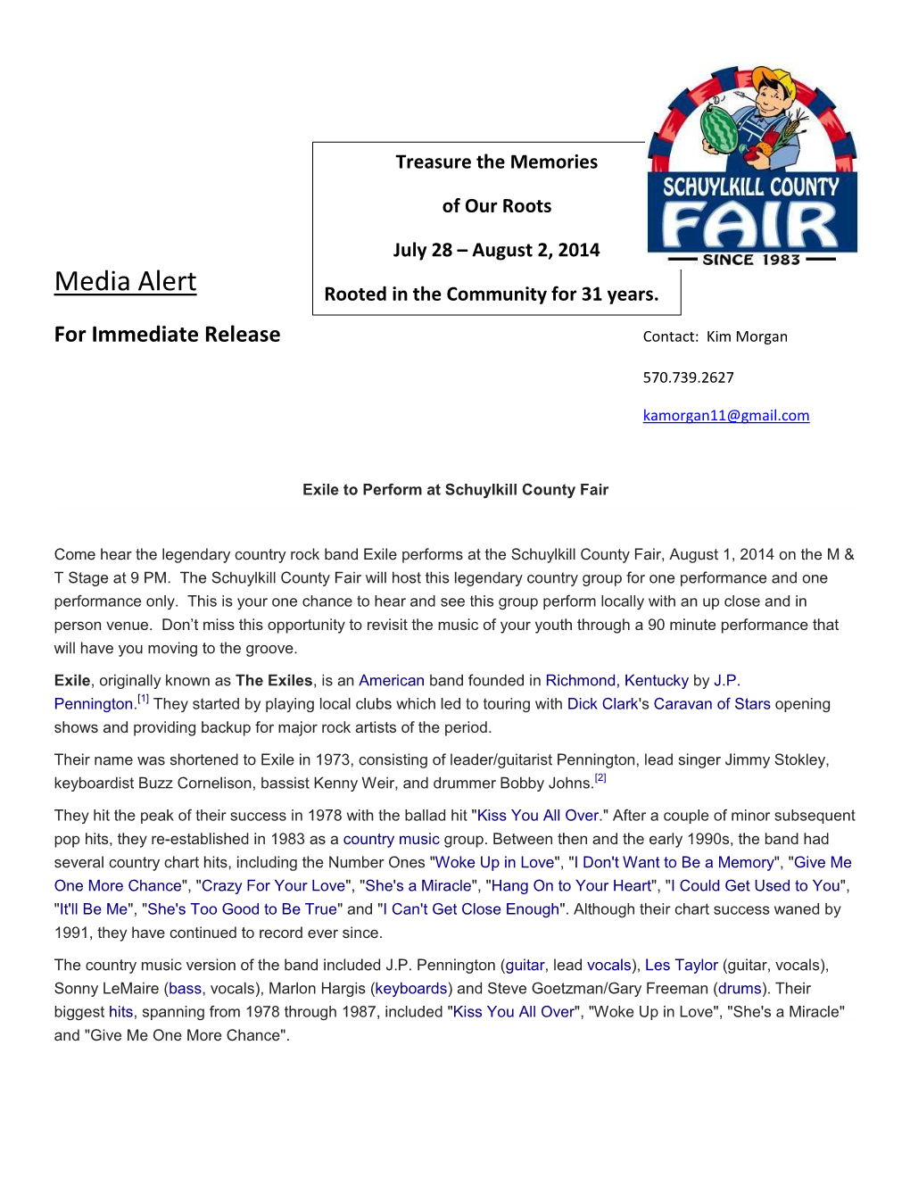 SCHUYLKILL COUNTY FAIR 2014 – 2014 Press Release Exile 1