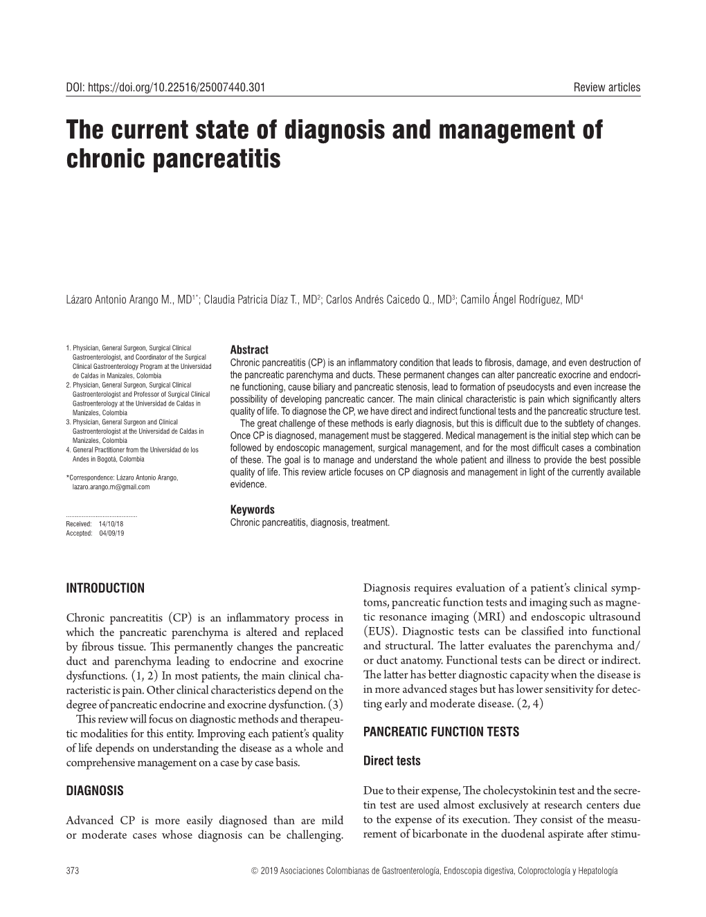 The Current State of Diagnosis and Management of Chronic Pancreatitis