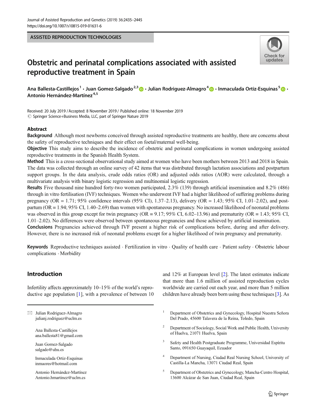 Obstetric and Perinatal Complications Associated with Assisted Reproductive Treatment in Spain