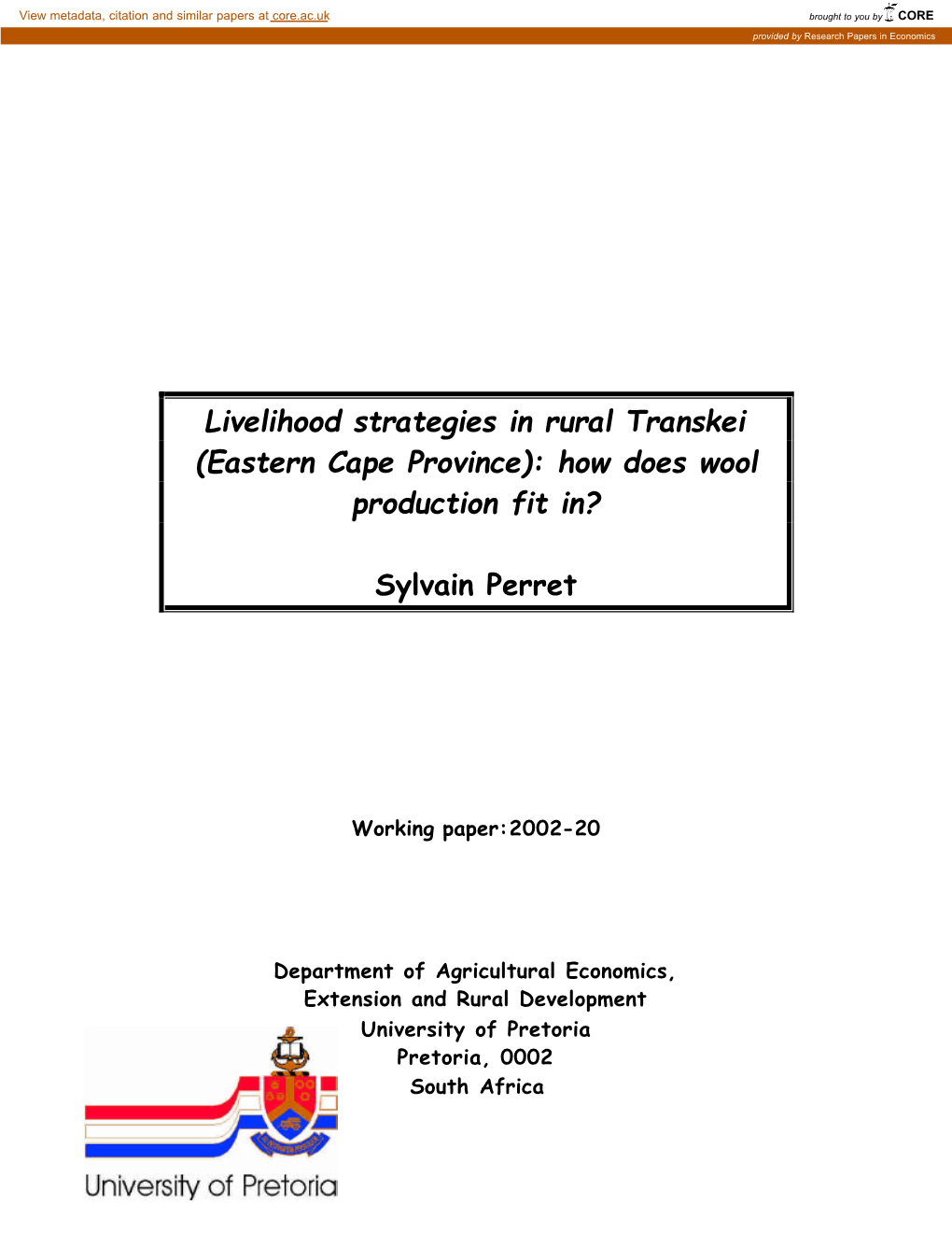 Livelihood Strategies in Rural Transkei (Eastern Cape Province): How Does Wool Production Fit In?