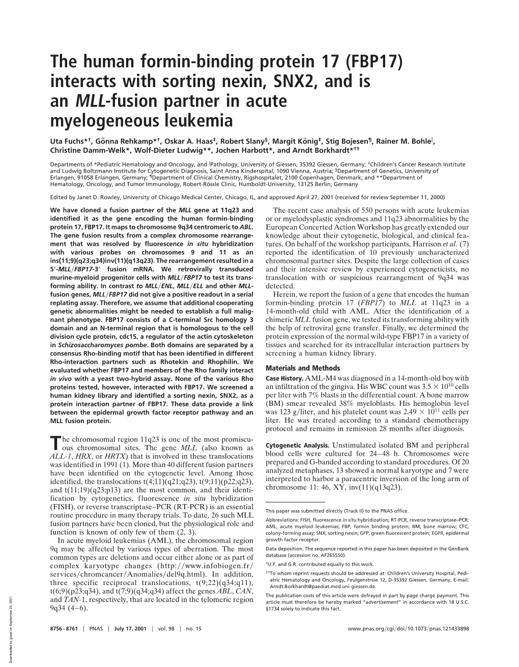 FBP17) Interacts with Sorting Nexin, SNX2, and Is an MLL-Fusion Partner in Acute Myelogeneous Leukemia