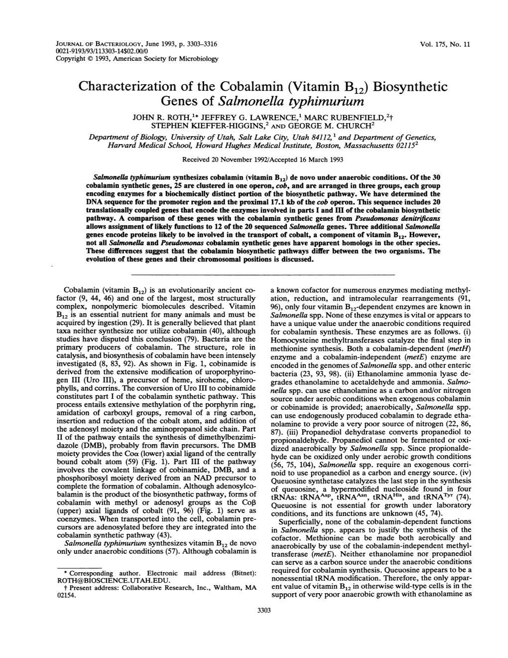 Characterization of the Cobalamin (Vitamin B12) Biosynthetic Genes of Salmonella Typhimurium JOHN R