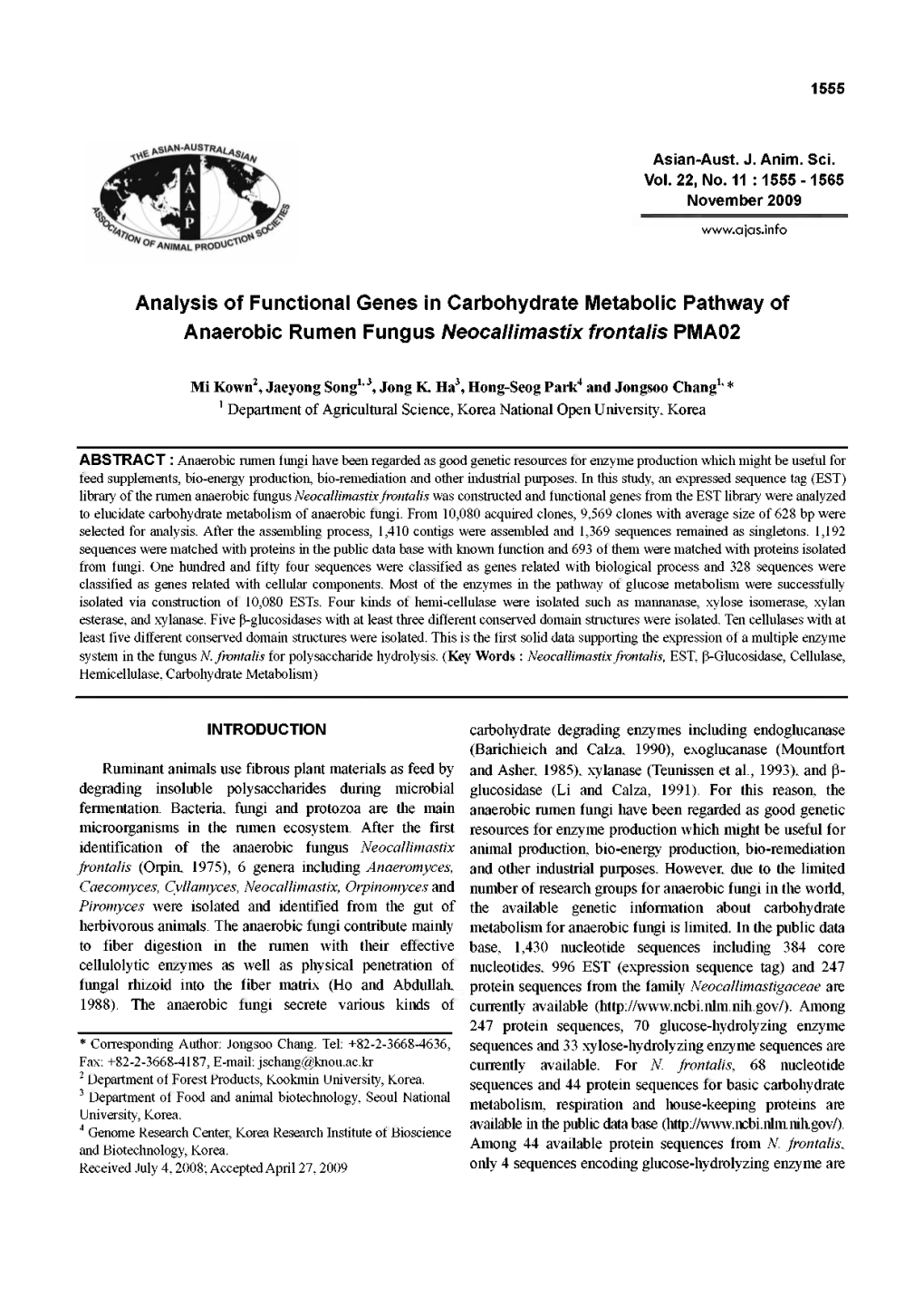 Analysis of Functional Genes in Carbohydrate Metabolic Pathway of Anaerobic Rumen Fungus Neocallimastix Frontalis PMA02