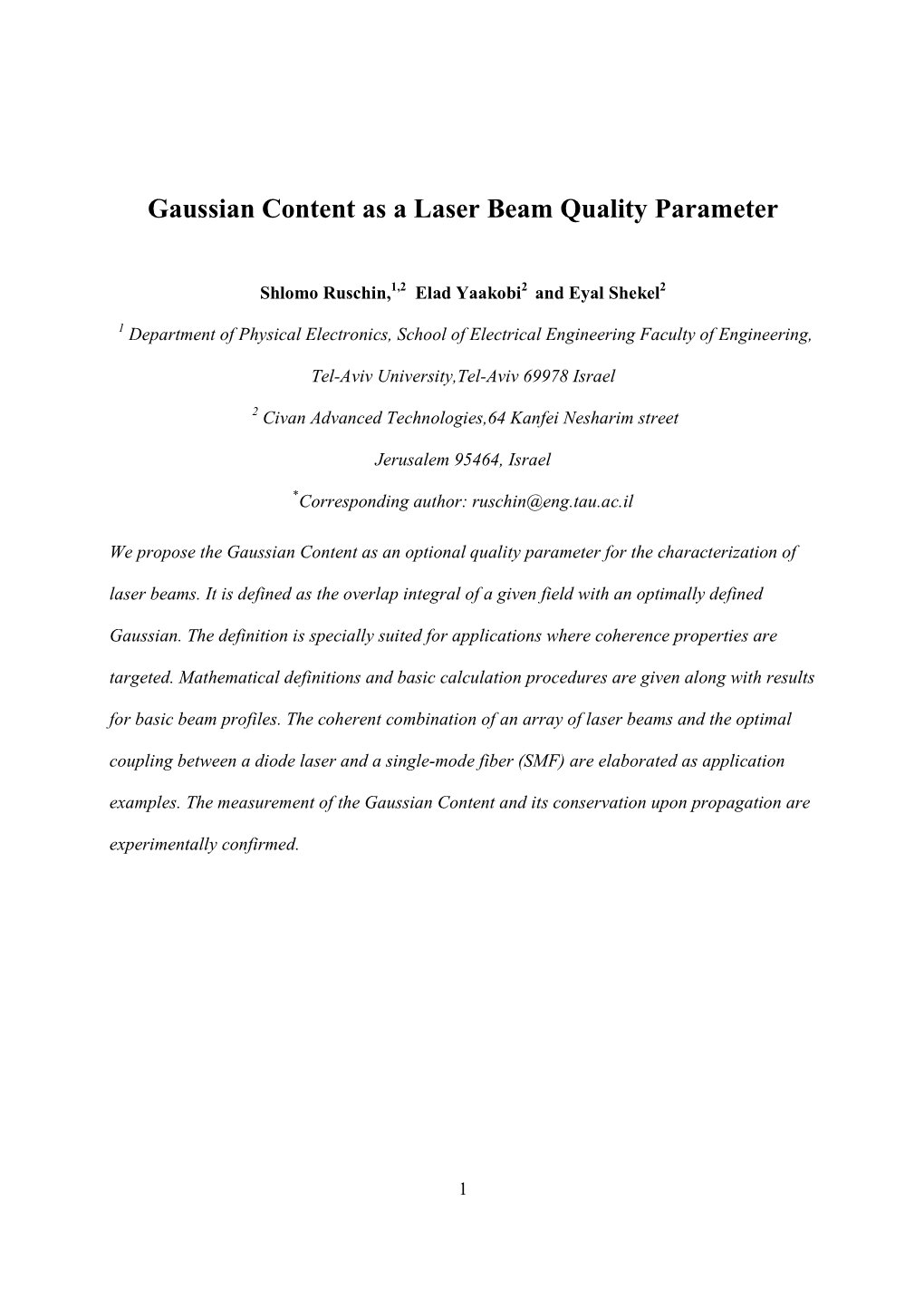 Gaussian Content As a Laser Beam Quality Parameter