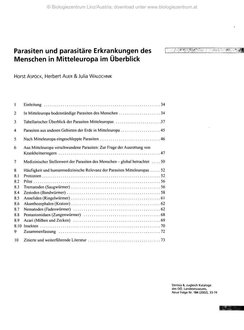 Parasiten Und Parasitäre Erkrankungen Des Menschen in Mitteleuropa Im Überblick