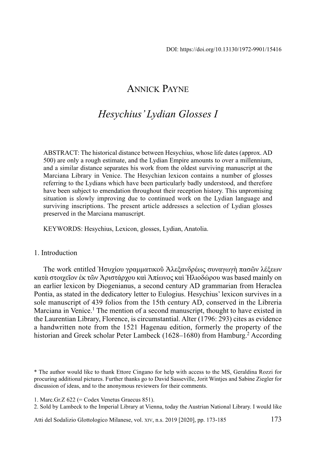 ANNICK PAYNE Hesychius' Lydian Glosses I