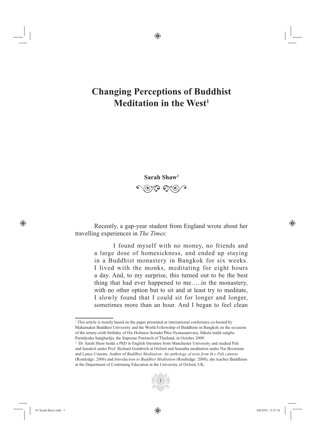 Changing Perceptions of Buddhist Meditation in the West1