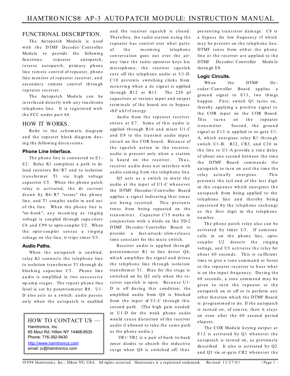 Hamtronics® Ap-3 Autopatch Module: Instruction Manual