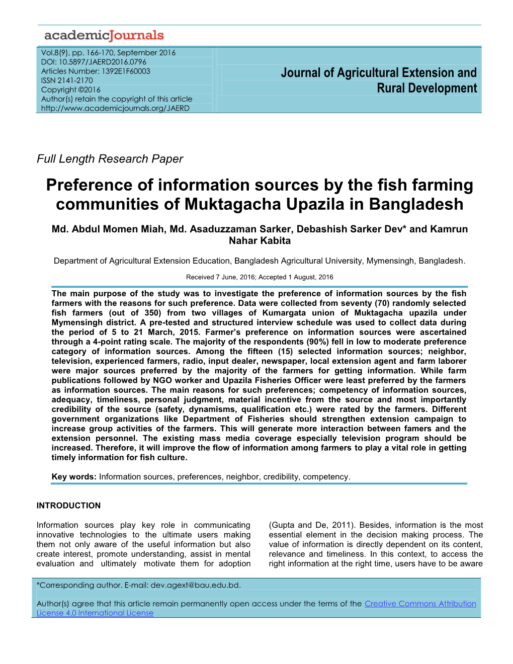 Preference of Information Sources by the Fish Farming Communities of Muktagacha Upazila in Bangladesh