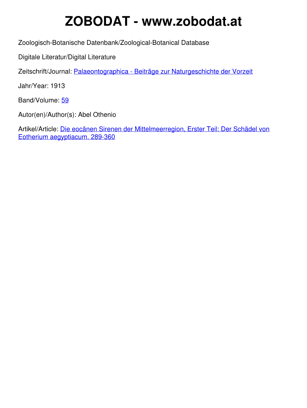 Die Eocänen Sirenen Der Mittelmeerregion, Erster Teil: Der Schädel Von Eotherium Aegyptiacum