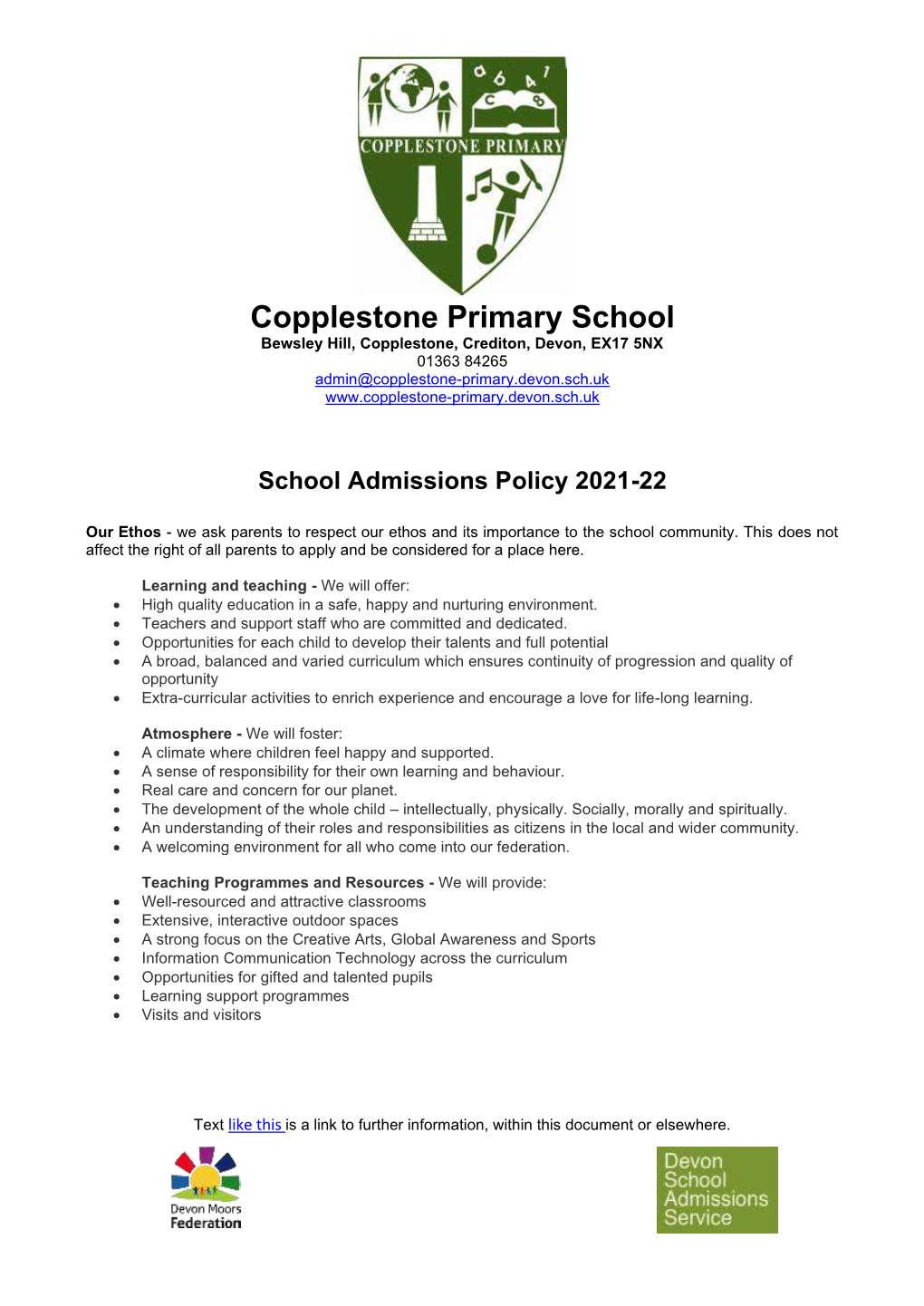 Copplestone Primary School Admissions 2021