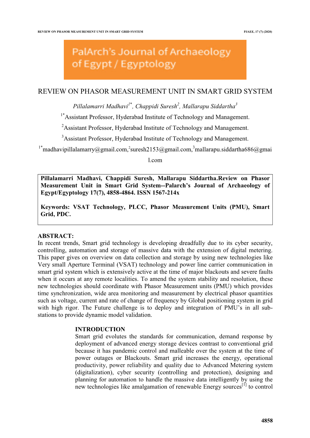 Review on Phasor Measurement Unit in Smart Grid System Pjaee, 17 (7) (2020)