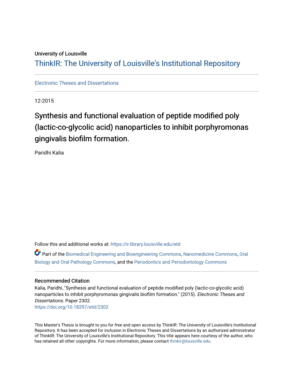 Lactic-Co-Glycolic Acid) Nanoparticles to Inhibit Porphyromonas Gingivalis Biofilm Formation