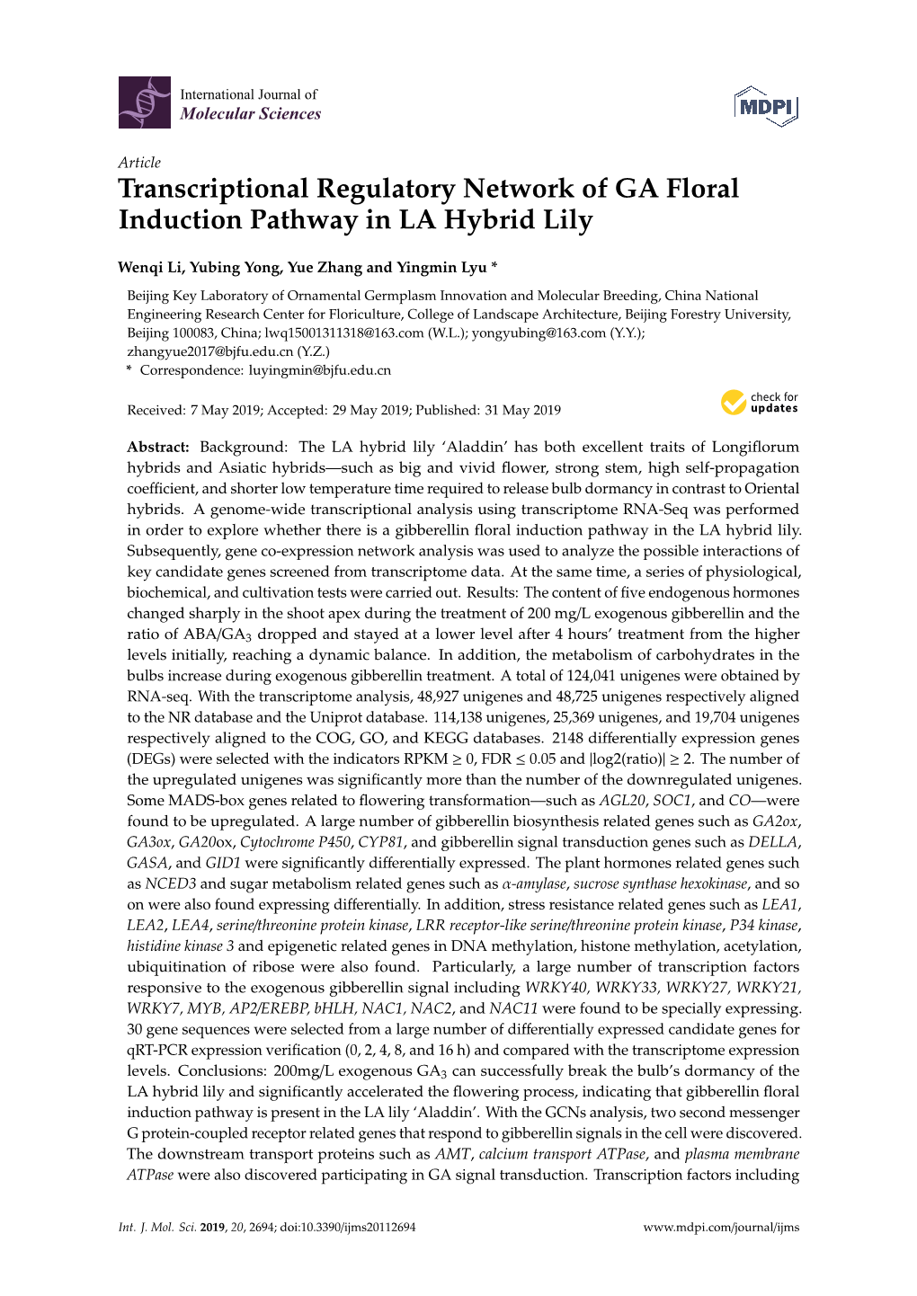 Transcriptional Regulatory Network of GA Floral Induction Pathway in LA Hybrid Lily