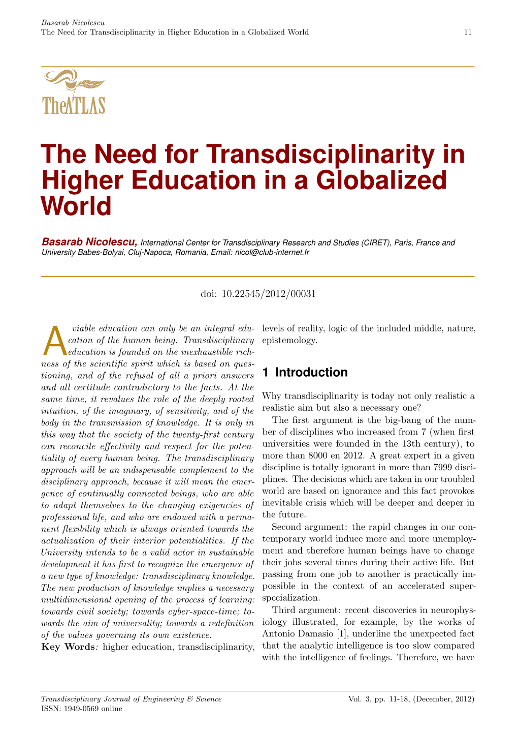 The Need for Transdisciplinarity in Higher Education in a Globalized World 11