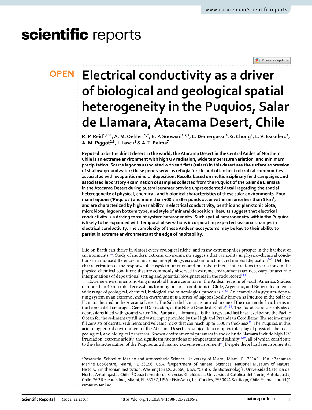 Electrical Conductivity As a Driver of Biological and Geological Spatial Heterogeneity in the Puquios, Salar De Llamara, Atacama Desert, Chile R