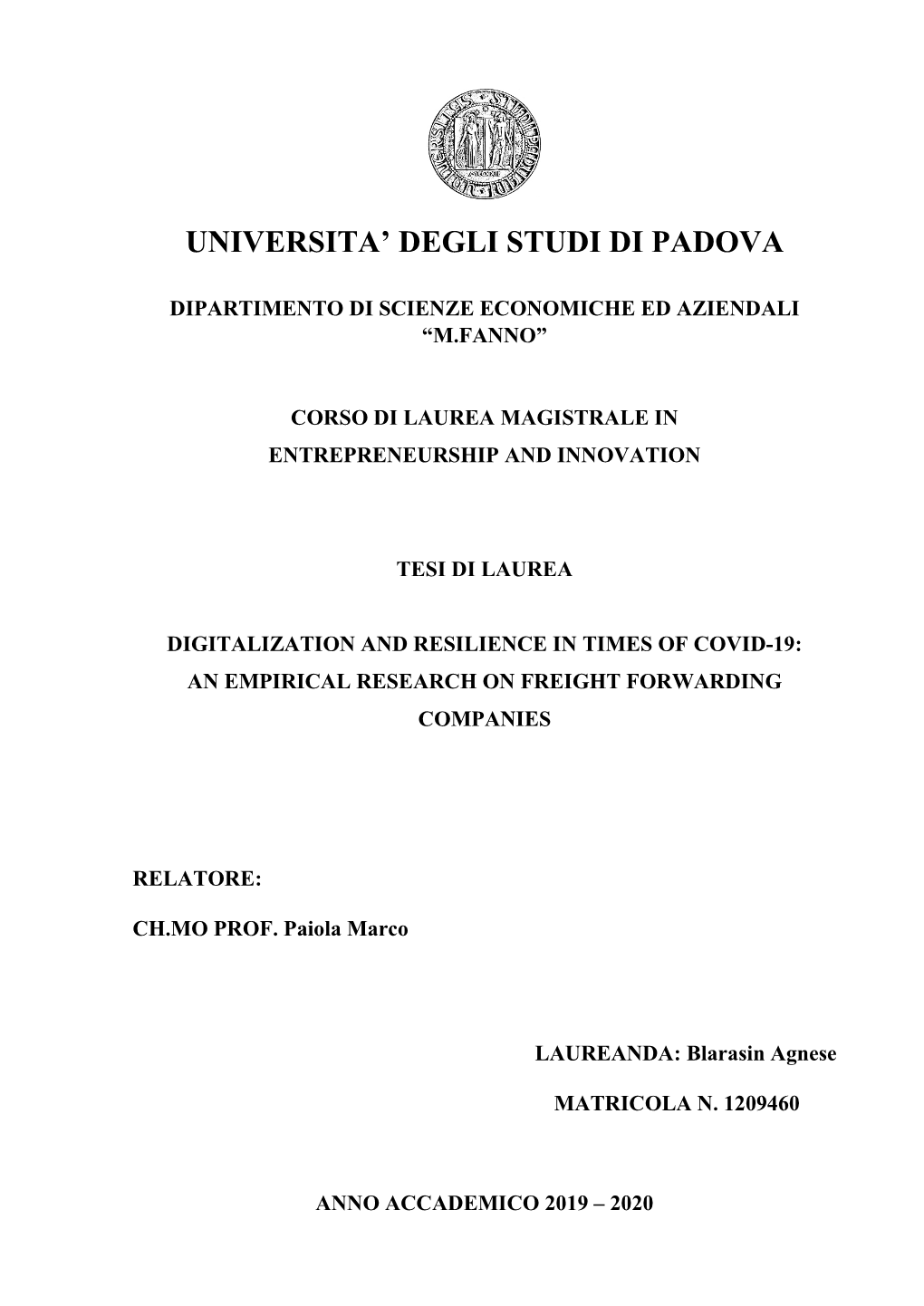 Universita' Degli Studi Di Padova