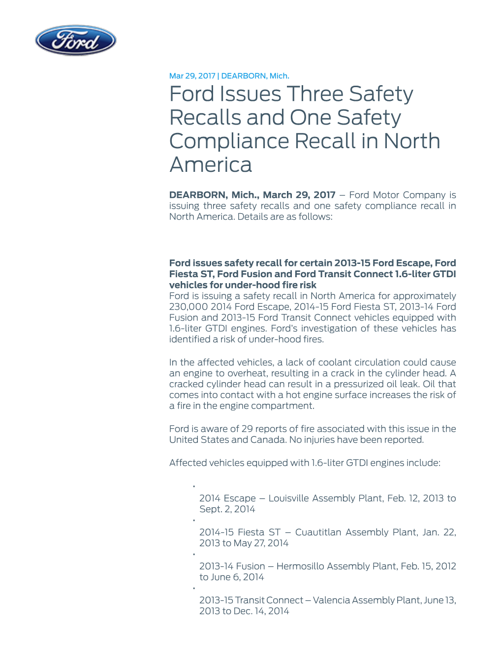 Ford Issues Three Safety Recalls and One Safety Compliance Recall in North America