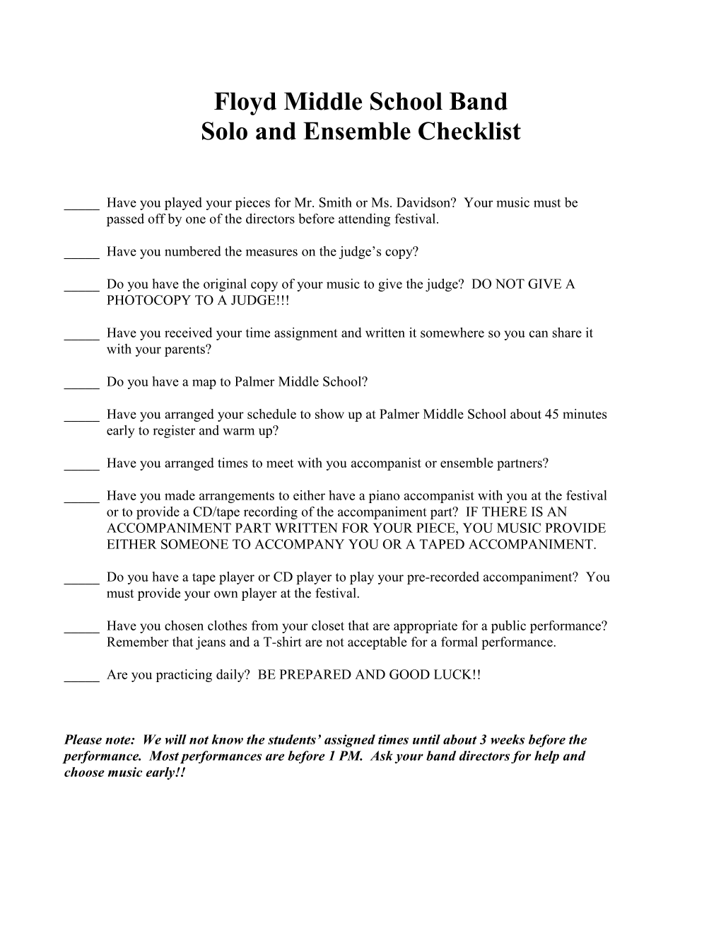 Solo and Ensemble Checklist