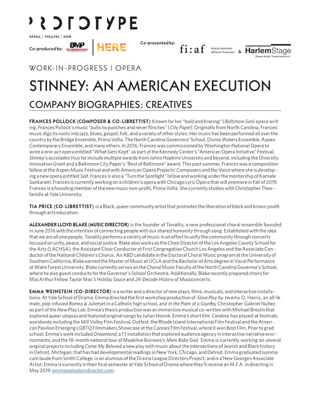 Stinney: an American Execution Company Biographies: Creatives