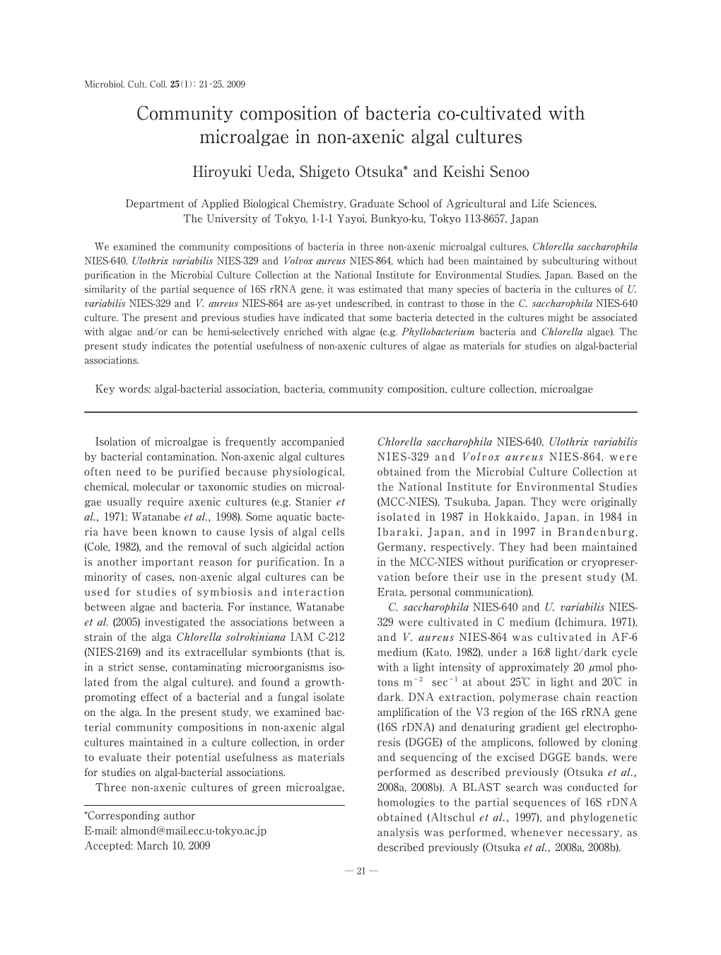 Community Composition of Bacteria Co-Cultivated with Microalgae in Non-Axenic Algal Cultures