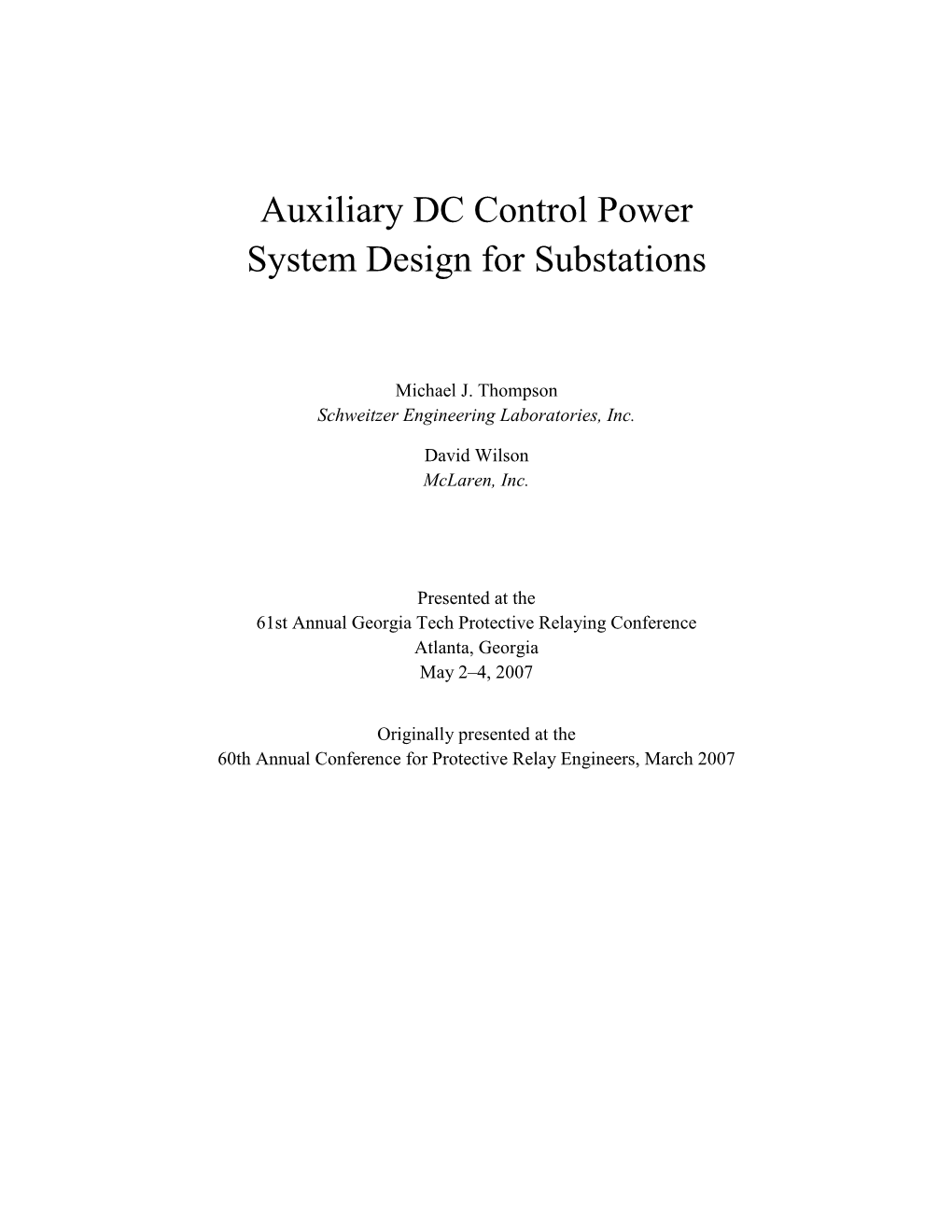 Auxiliary DC Control Power System Design for Substations